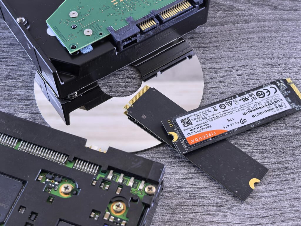 Contrasting data storage technologies: NVMe SSD, HDD, and CD.