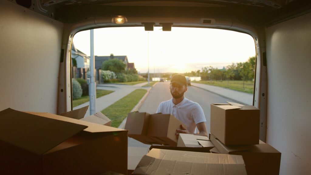 A courier unloading cardboard boxes from a van during sunset on a suburban street.